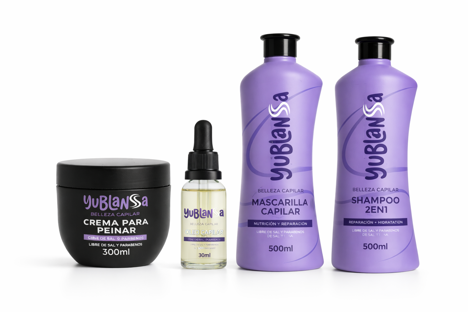 Línea completa Yublanssa - Crema para Peinar, Óleo Capilar, Mascarilla Capilar y Shampoo 2en1